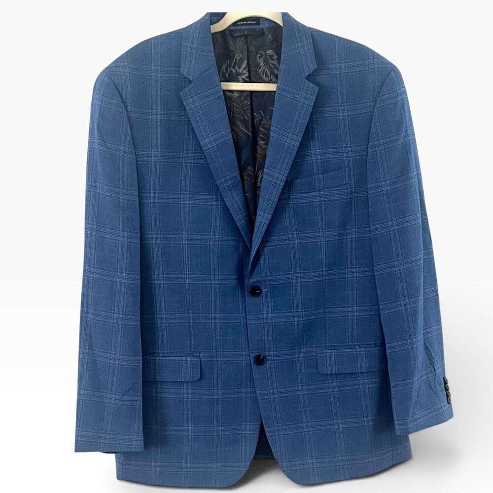 SEAN JOHN 2- PC. MENS SUIT, 32Wx32L, 42 REG, BLUE/LIGHT GREY PLAID, NOTCH LAPEL